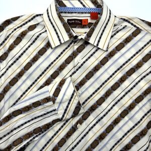 Nyne Button Down Mens XL Cream Brown Diagonal Stripe Medallion Paisley Shirt